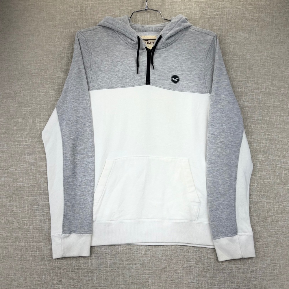Hollister Mens Gray White Colorblock Quarter Zip Hoodie Fleece Pullover Medium